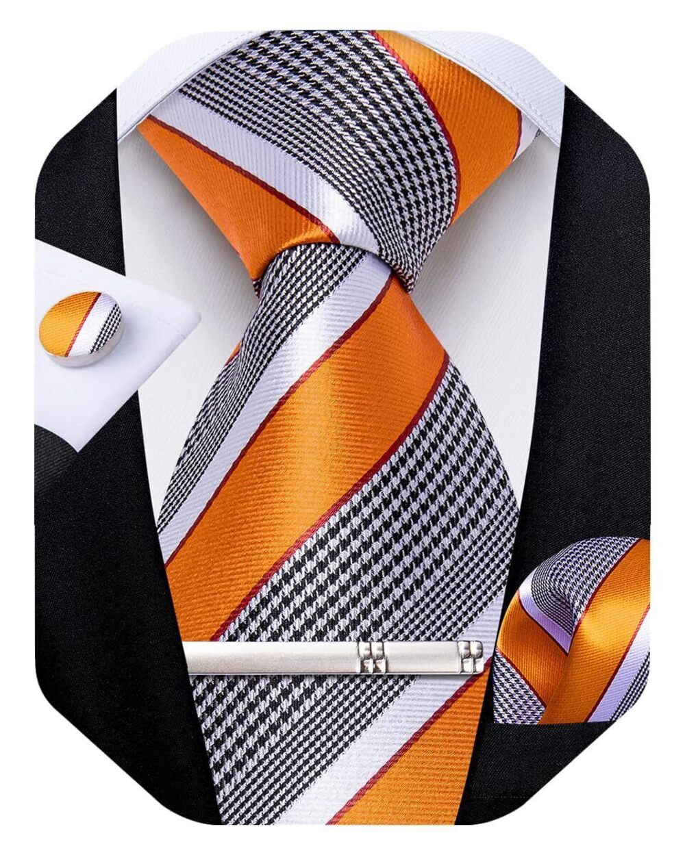 9320 Striped Tie Silk Woven Necktie and Pocket Square Cufflinks Tie Clip